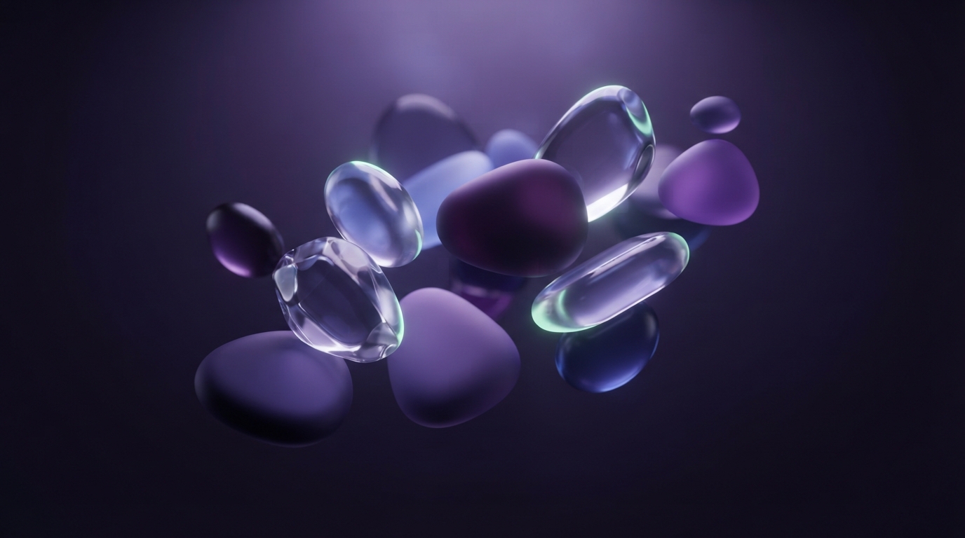 Floating purple and translucent glass-like pebbles form an abstract cluster against a dark violet background.